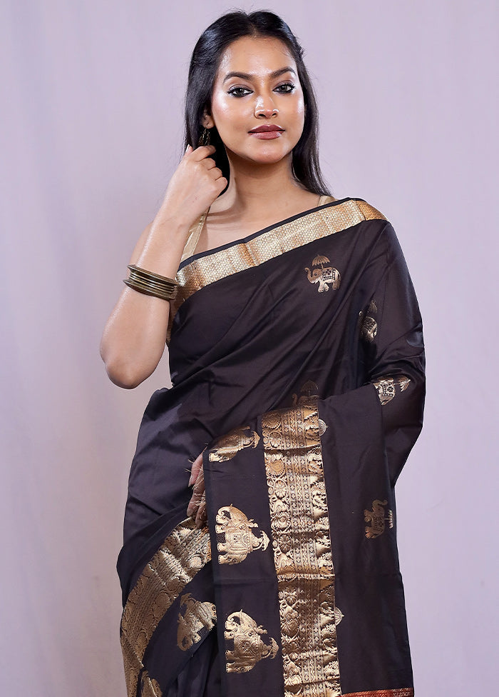 Black Kanjivaram Silk Saree With Blouse Piece - Indian Silk House Agencies