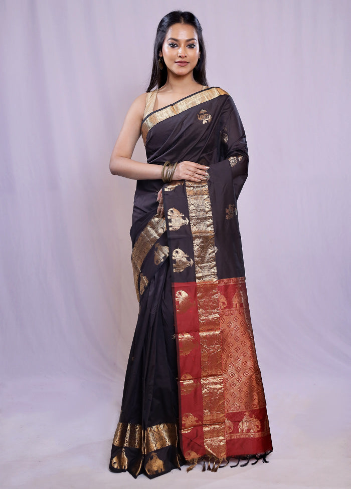 Black Kanjivaram Silk Saree With Blouse Piece - Indian Silk House Agencies