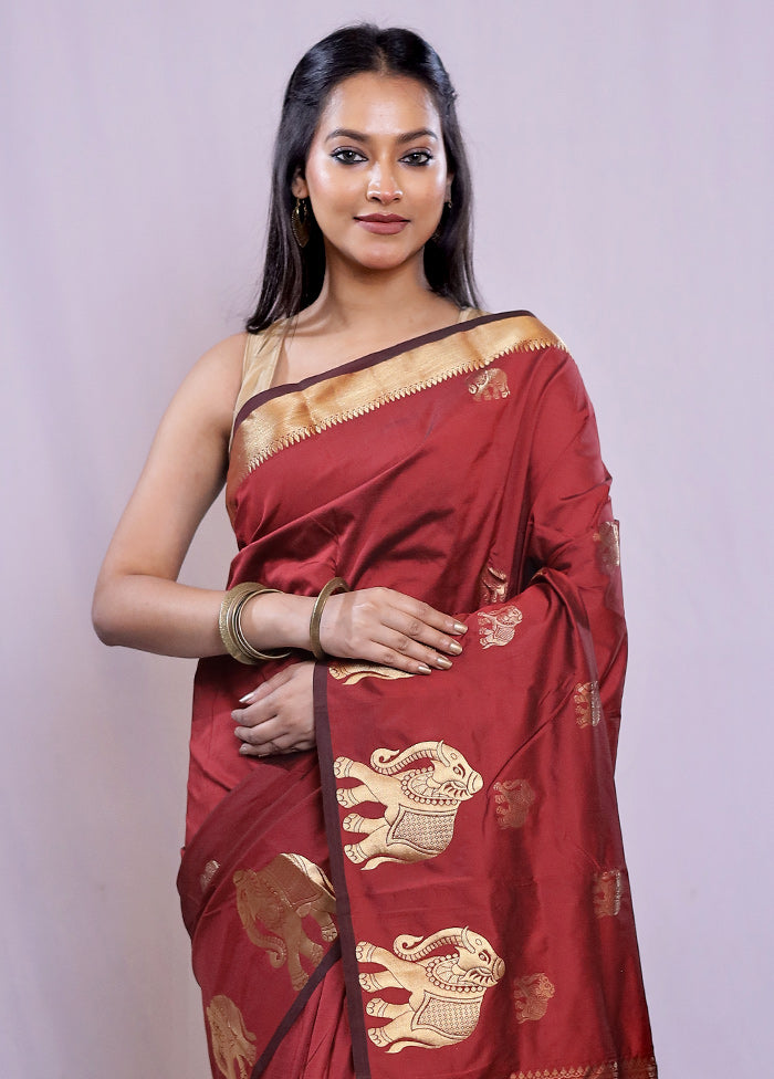 Maroon Kanjivaram Silk Saree With Blouse Piece - Indian Silk House Agencies