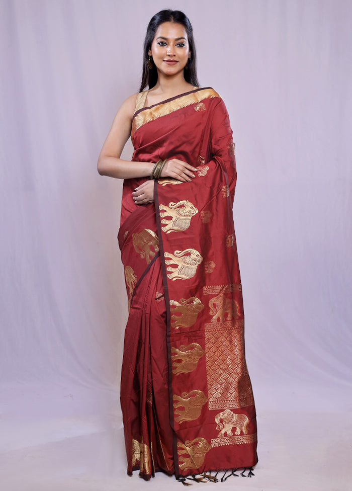 Maroon Kanjivaram Silk Saree With Blouse Piece - Indian Silk House Agencies