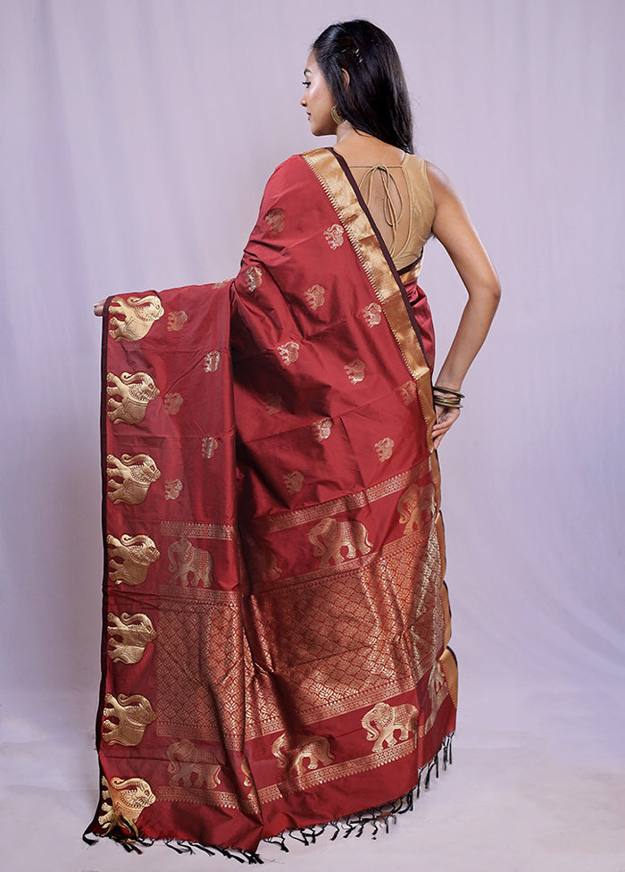 Maroon Kanjivaram Silk Saree With Blouse Piece - Indian Silk House Agencies