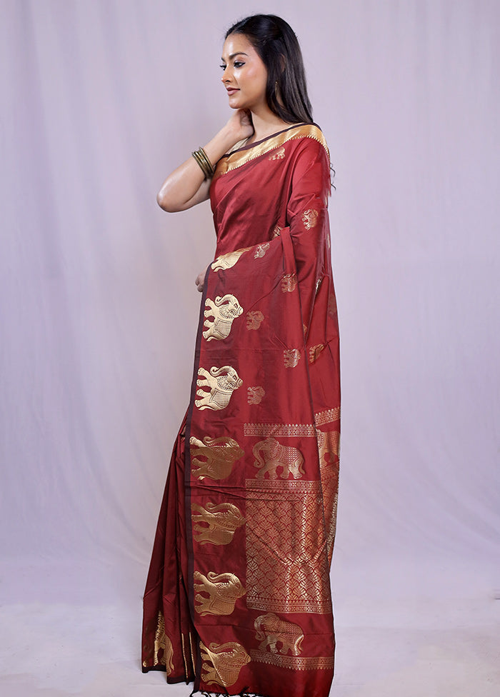 Maroon Kanjivaram Silk Saree With Blouse Piece - Indian Silk House Agencies