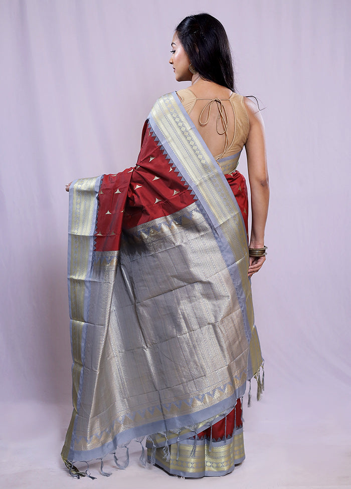 Maroon Kanjivaram Silk Saree With Blouse Piece - Indian Silk House Agencies