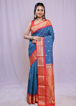 Blue Kanjivaram Silk Saree With Blouse Piece - Indian Silk House Agencies