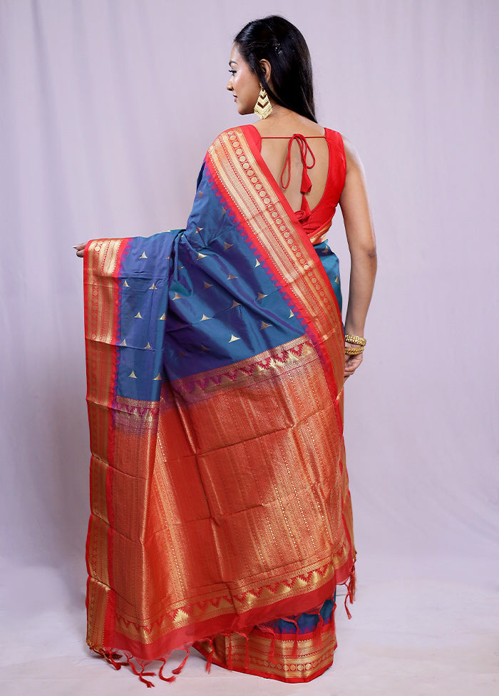 Blue Kanjivaram Silk Saree With Blouse Piece - Indian Silk House Agencies