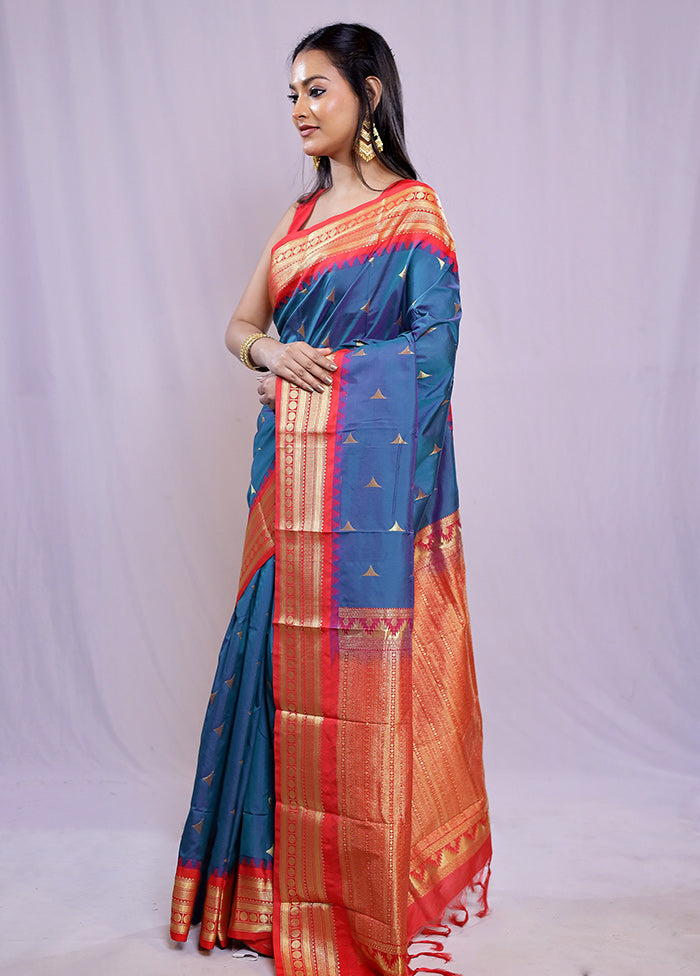 Blue Kanjivaram Silk Saree With Blouse Piece - Indian Silk House Agencies