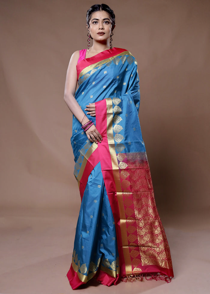 Blue Kanjivaram Silk Saree With Blouse Piece - Indian Silk House Agencies