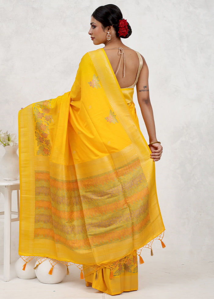 Yellow Dupion Silk Saree Without Blouse Piece - Indian Silk House Agencies