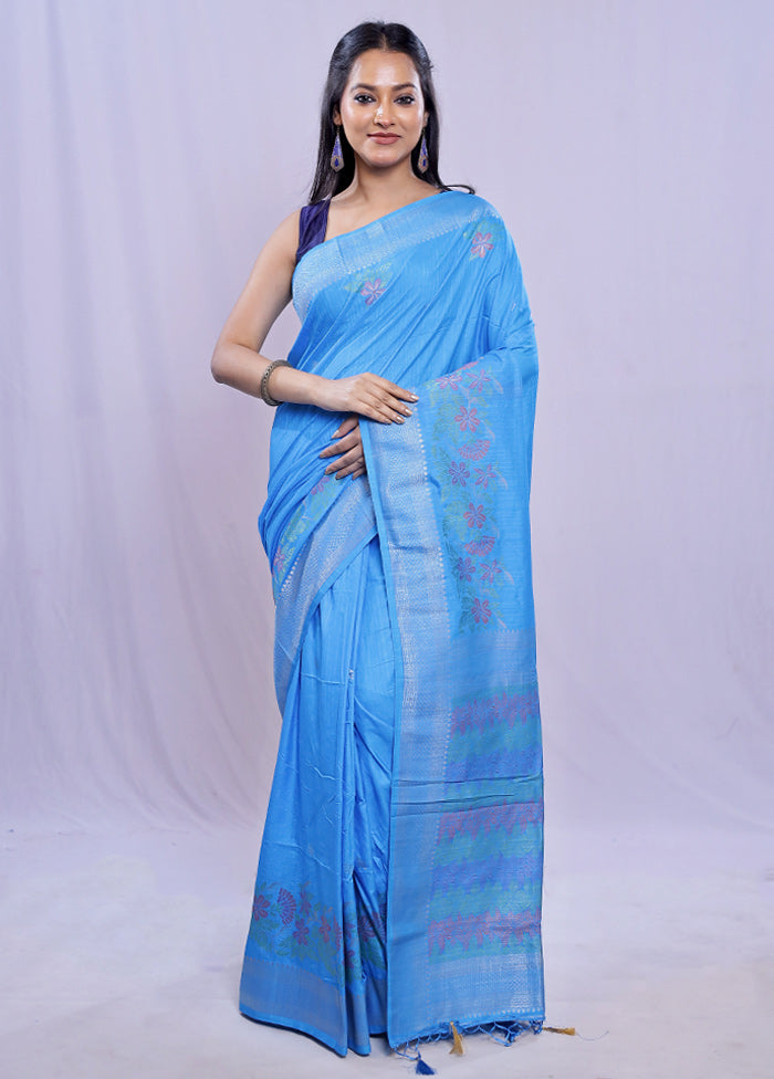 Blue Dupion Silk Saree With Blouse Piece - Indian Silk House Agencies