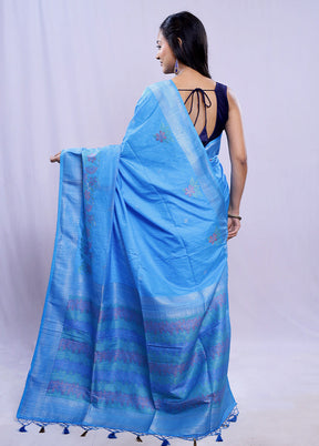 Blue Dupion Silk Saree With Blouse Piece - Indian Silk House Agencies