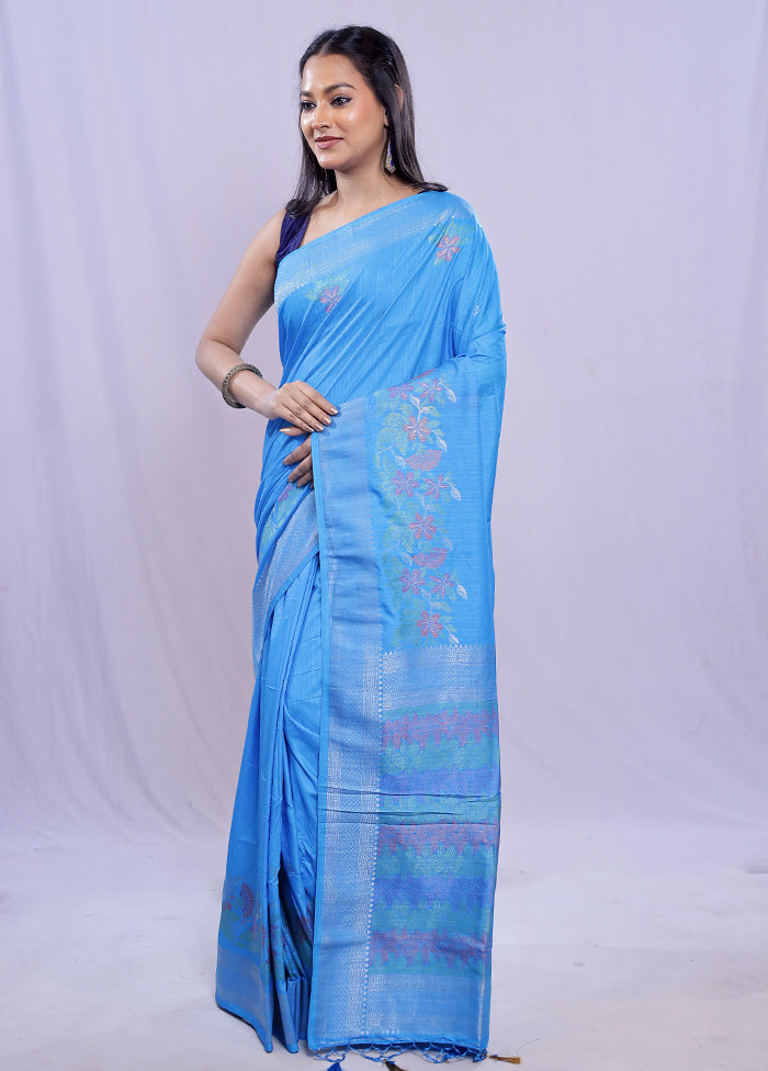 Blue Dupion Silk Saree With Blouse Piece - Indian Silk House Agencies