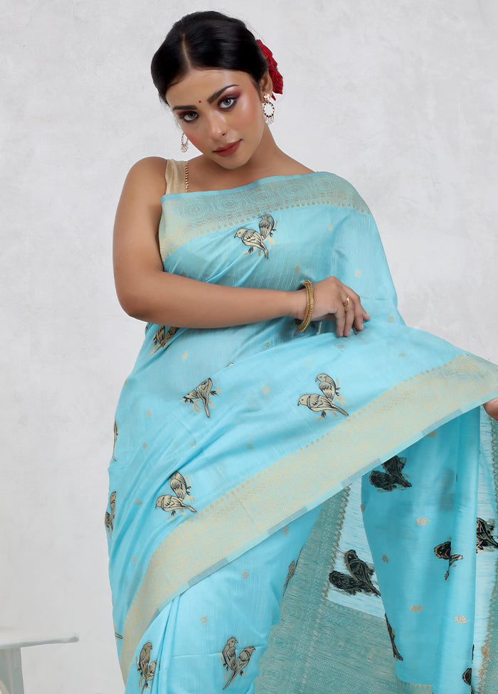 Blue Dupion Silk Saree Without Blouse Piece - Indian Silk House Agencies