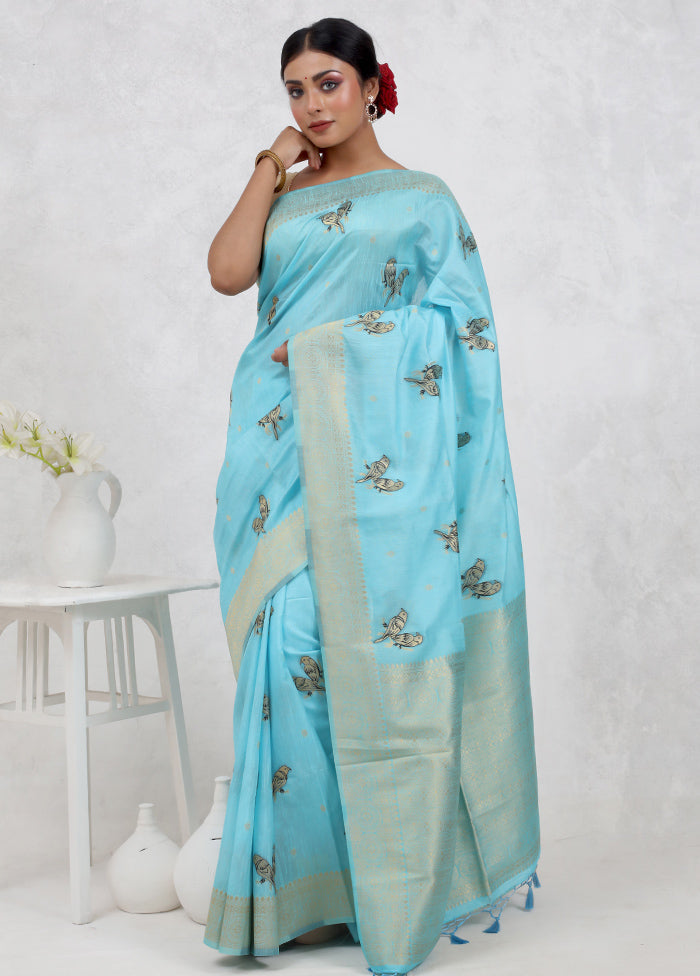 Blue Dupion Silk Saree Without Blouse Piece - Indian Silk House Agencies