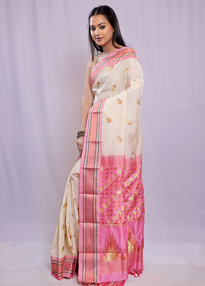 Cream Kanjivaram Silk Saree With Blouse Piece - Indian Silk House Agencies