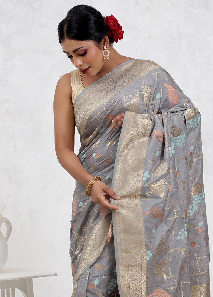 Grey Dupion Silk Saree Without Blouse Piece - Indian Silk House Agencies