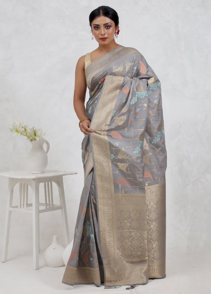 Grey Dupion Silk Saree Without Blouse Piece - Indian Silk House Agencies