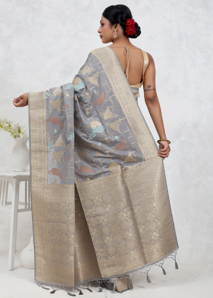 Grey Dupion Silk Saree Without Blouse Piece - Indian Silk House Agencies