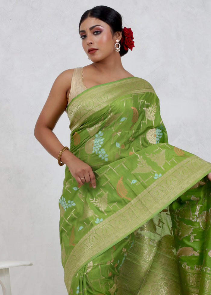 Green Dupion Silk Saree Without Blouse Piece - Indian Silk House Agencies