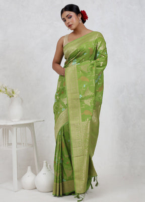 Green Dupion Silk Saree Without Blouse Piece - Indian Silk House Agencies