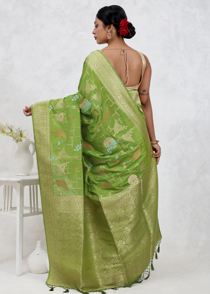 Green Dupion Silk Saree Without Blouse Piece - Indian Silk House Agencies