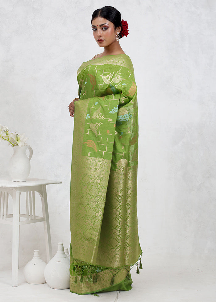 Green Dupion Silk Saree Without Blouse Piece - Indian Silk House Agencies