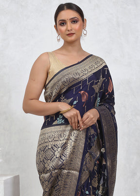 Blue Dupion Silk Saree With Blouse Piece