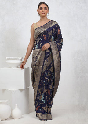 Blue Dupion Silk Saree With Blouse Piece