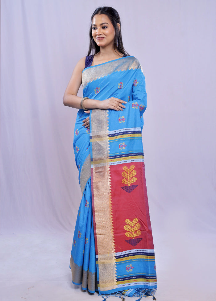 Blue Dupion Silk Saree With Blouse Piece - Indian Silk House Agencies