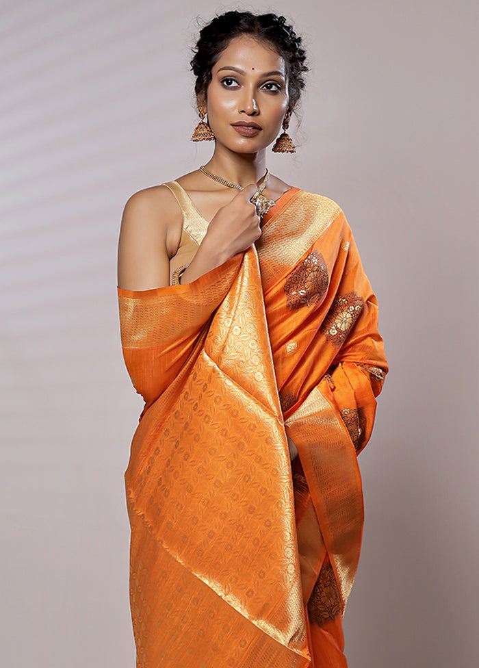 Orange Dupion Silk Saree With Blouse Piece