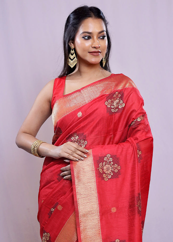 Red Dupion Silk Saree With Blouse Piece - Indian Silk House Agencies