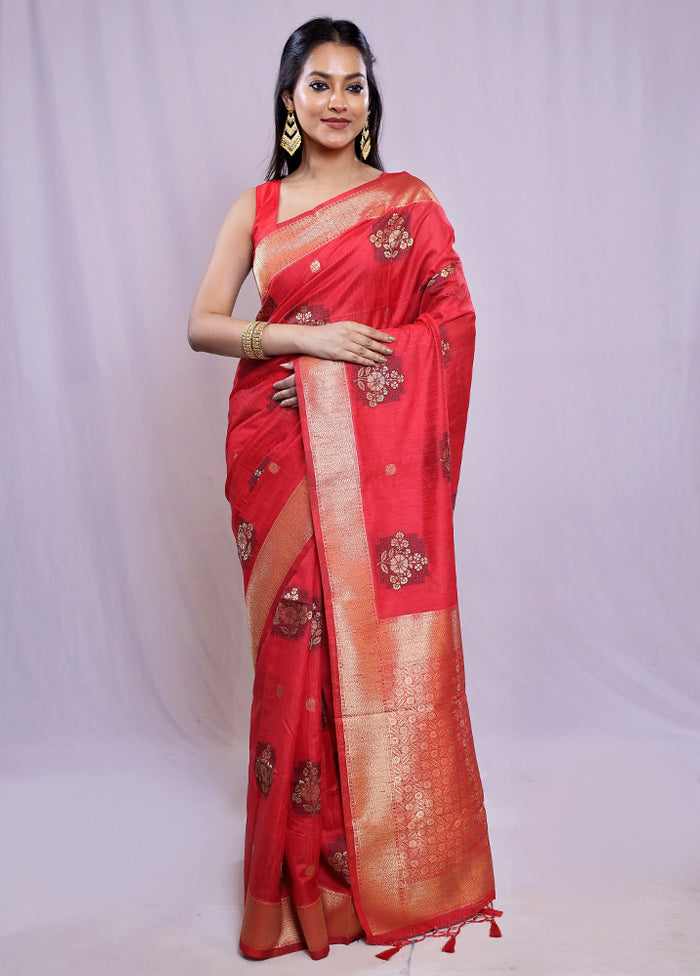 Red Dupion Silk Saree With Blouse Piece - Indian Silk House Agencies