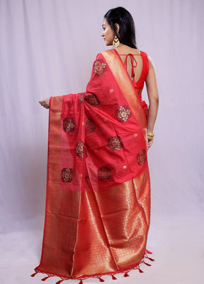 Red Dupion Silk Saree With Blouse Piece - Indian Silk House Agencies