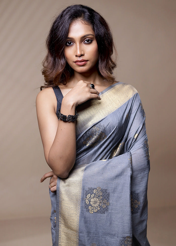 Grey Dupion Silk Saree Without Blouse Piece - Indian Silk House Agencies