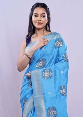 Blue Dupion Silk Saree With Blouse Piece - Indian Silk House Agencies