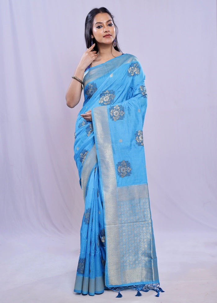 Blue Dupion Silk Saree With Blouse Piece - Indian Silk House Agencies