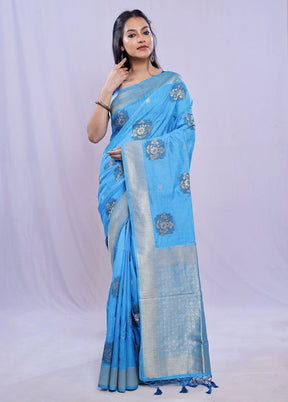 Blue Dupion Silk Saree With Blouse Piece - Indian Silk House Agencies