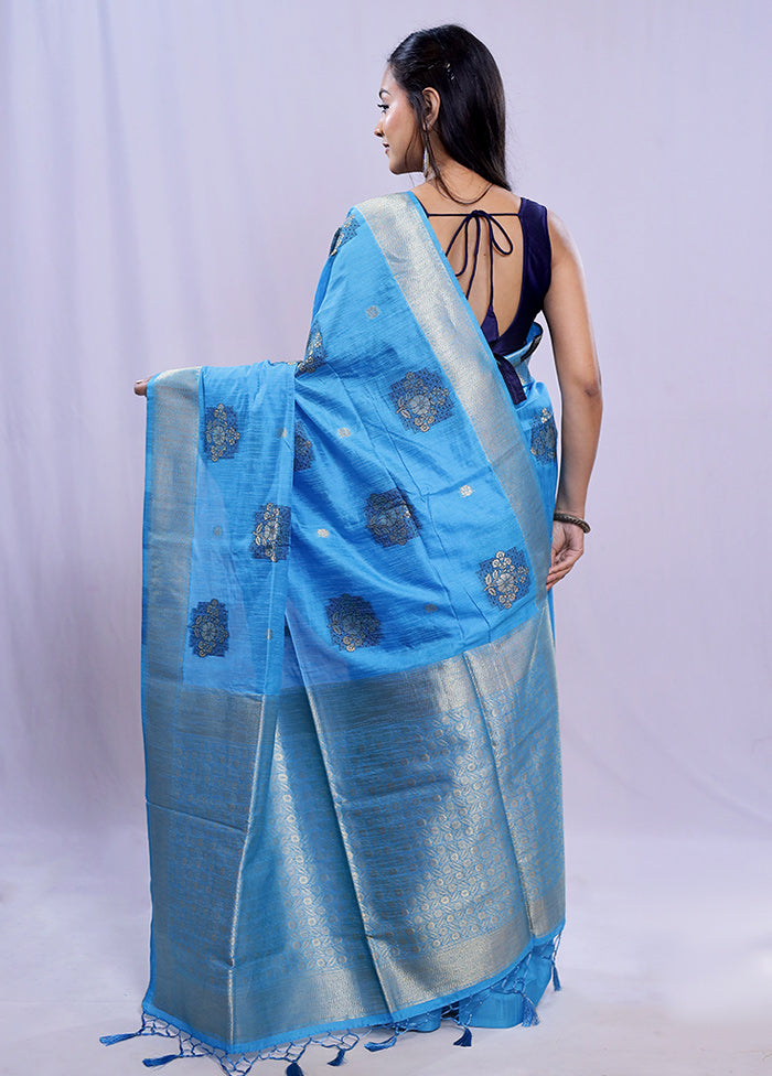 Blue Dupion Silk Saree With Blouse Piece - Indian Silk House Agencies