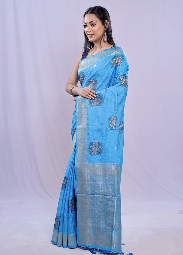 Blue Dupion Silk Saree With Blouse Piece - Indian Silk House Agencies