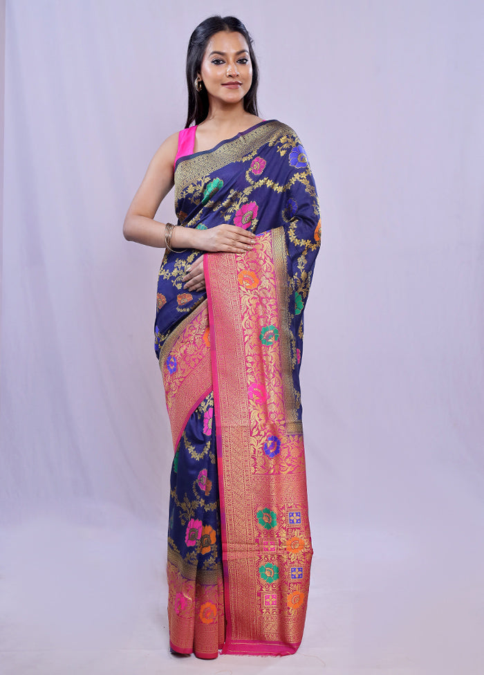 Blue Dupion Silk Saree With Blouse Piece - Indian Silk House Agencies