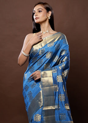 Blue Dupion Silk Saree With Blouse Piece