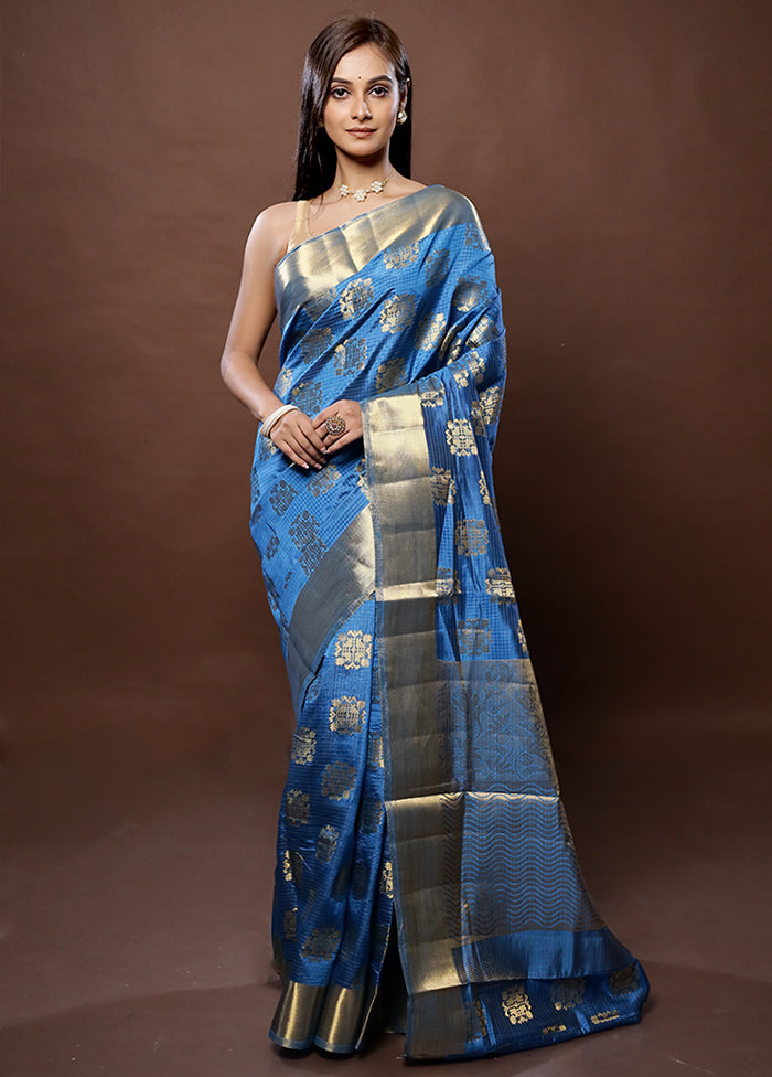 Blue Dupion Silk Saree With Blouse Piece