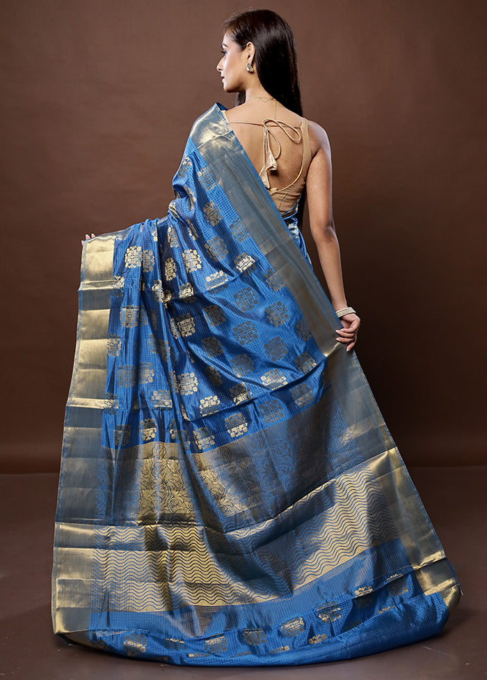 Blue Dupion Silk Saree With Blouse Piece - Indian Silk House Agencies