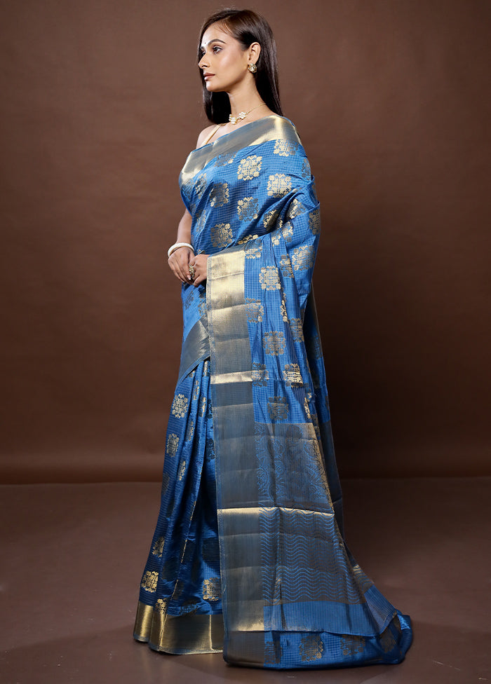 Blue Dupion Silk Saree With Blouse Piece - Indian Silk House Agencies