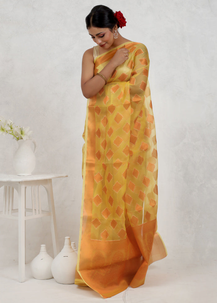 Yellow Organza Saree Without Blouse Piece - Indian Silk House Agencies