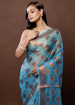 Blue Organza Saree With Blouse Piece - Indian Silk House Agencies