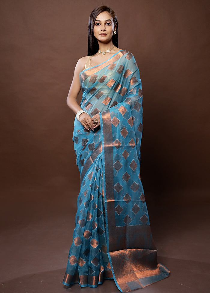 Blue Organza Saree With Blouse Piece - Indian Silk House Agencies