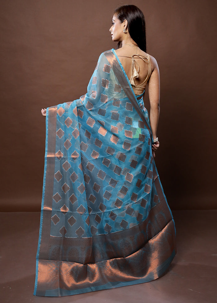 Blue Organza Saree With Blouse Piece - Indian Silk House Agencies