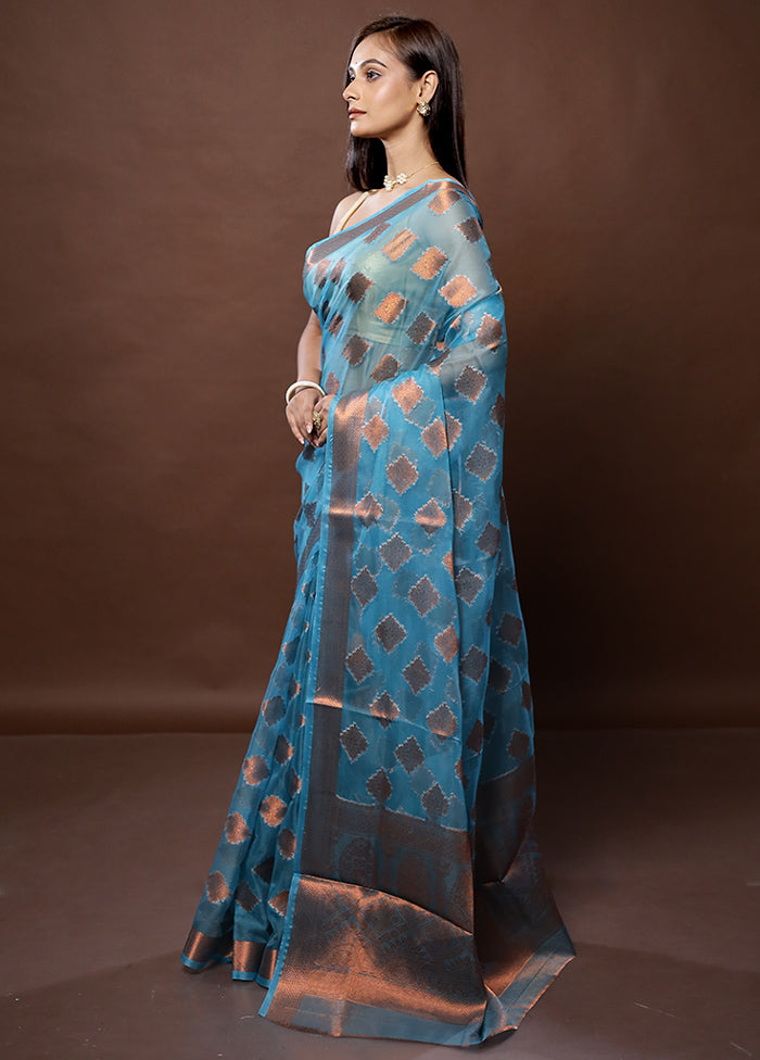 Blue Organza Saree With Blouse Piece - Indian Silk House Agencies