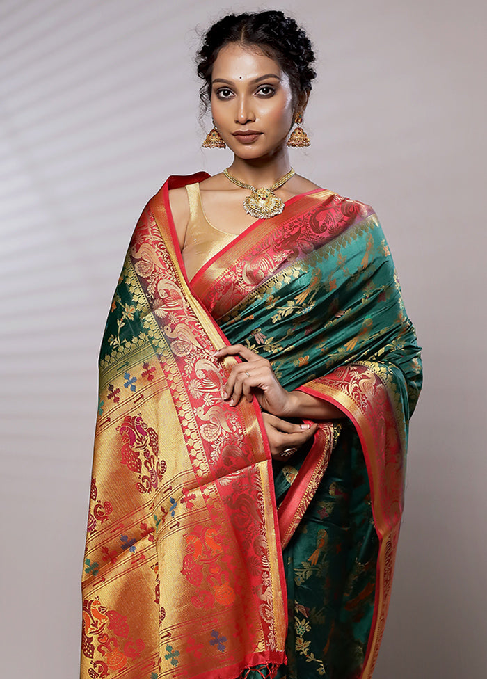 Green Dupion Silk Saree With Blouse Piece