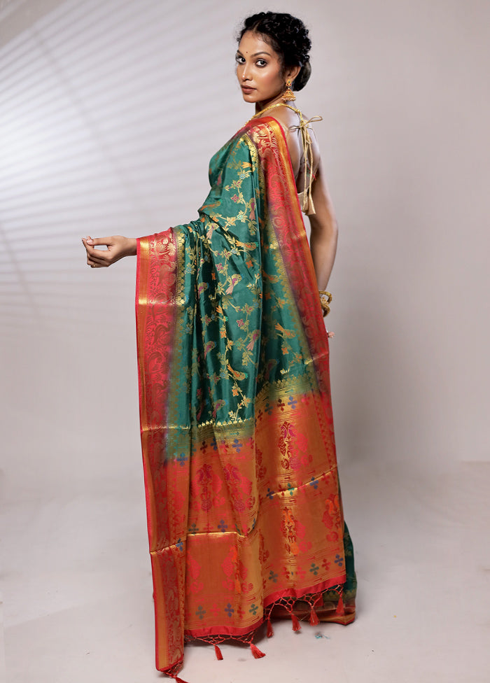 Green Dupion Silk Saree With Blouse Piece - Indian Silk House Agencies